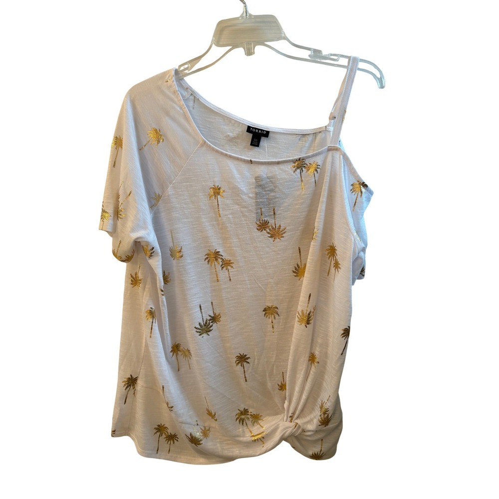 Torrid Callie‎ Tee White Gold Foil Palm Tree One Shoulder Knot Top 00 (M/L) NWT